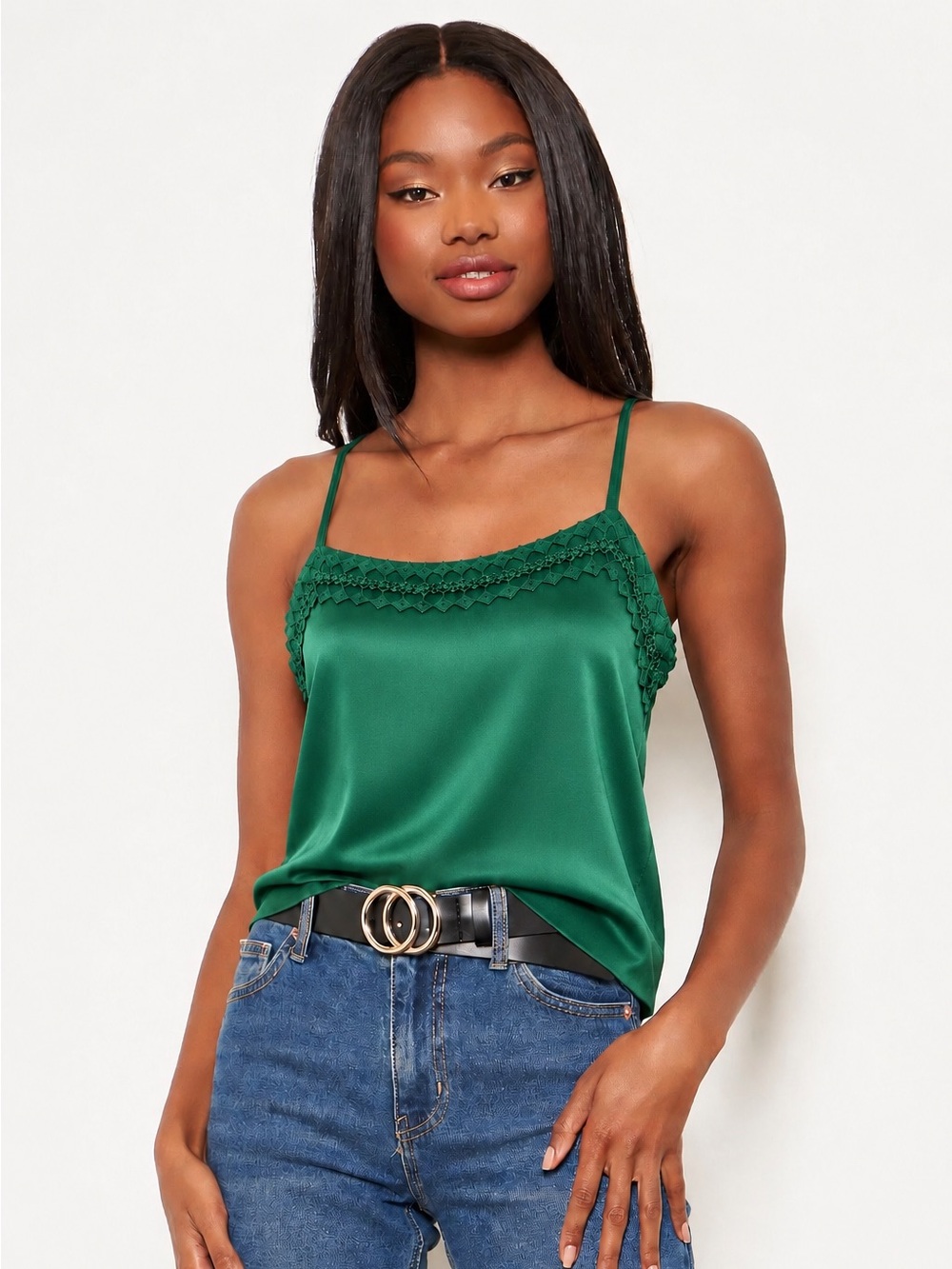House of Harlow 1960  Women's Silk Emerald Green Lace-Trim Camisole Top